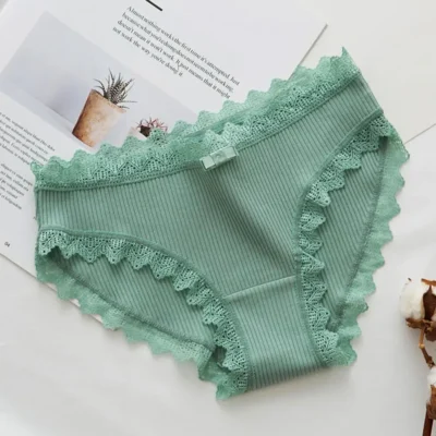 Women Underpants Thread Mid Waist Lace Edge Underwear Solid Color Elastic Cotton Crotch Undergarments Female Clothes For Daily