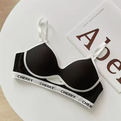 Summer Striped Lettering Light Face Gathered Anti-sagging Casual Black Bra No Scar Underwear Women No Steel Ring Bra - Image 2