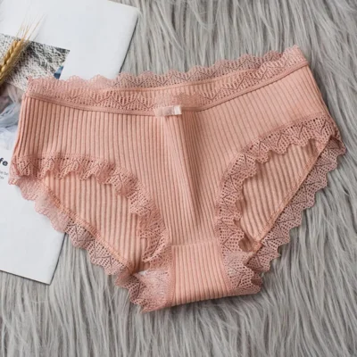 Women Underpants Thread Mid Waist Lace Edge Underwear Solid Color Elastic Cotton Crotch Undergarments Female Clothes For Daily - Image 3